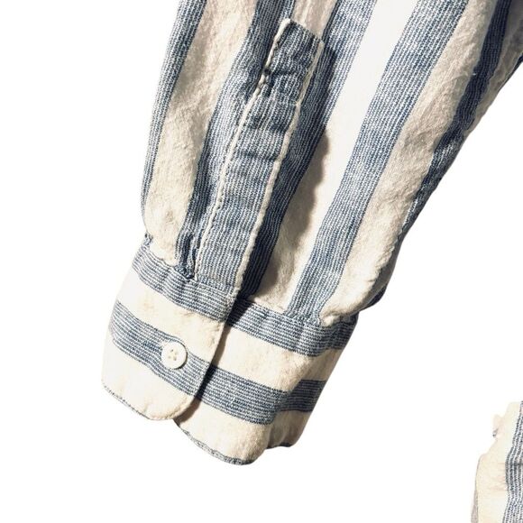 CHAPS Denim 2X linen cotton band collar blue & white stripe button front shirt - Picture 5 of 10